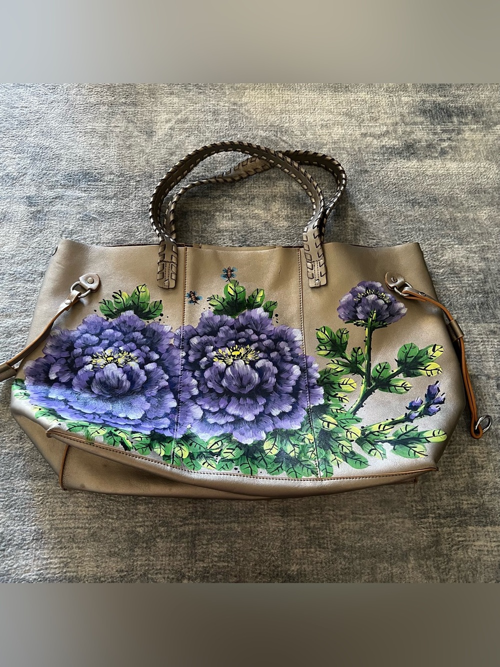 Leather Tote Bag with Purple Blooms
